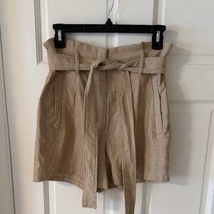 Express Extreme High Rise Midi Linen Blend Belted Paperbag Waist Short Tan 6